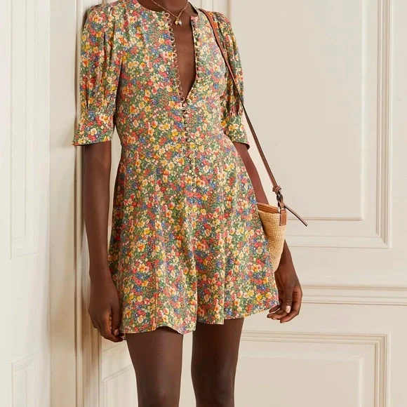 EUC DOEN CERESE MINI DRESS IN GREEN VALLEY FLORAL 100% silk sz L - Picture 5 of 6